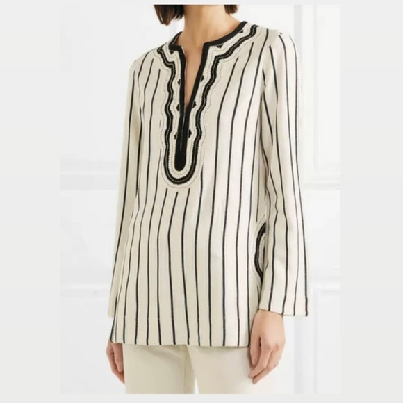 NEW Tory Burch Long Sleeve Stripe Tunic Top Size 2 Rayon Slub Stripe Tunic $348 - Picture 8 of 9